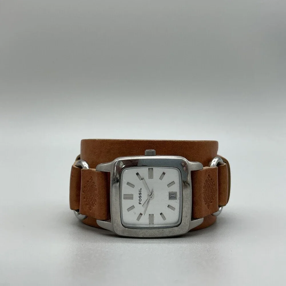Fossil JR-8083 Womens Watch 26mm Silver Tone Brown Leather Bund Date New Battery